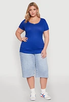 Womens Plus Size Ribbed Knit Ruched Tee, Blue, Size 2X