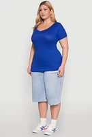 Womens Plus Size Ribbed Knit Ruched Tee, Blue, Size 2X
