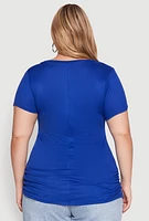 Womens Plus Size Ribbed Knit Ruched Tee, Blue, Size 2X