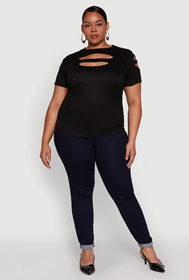 Womens Plus Cut Out Detail Short Sleeve Top,