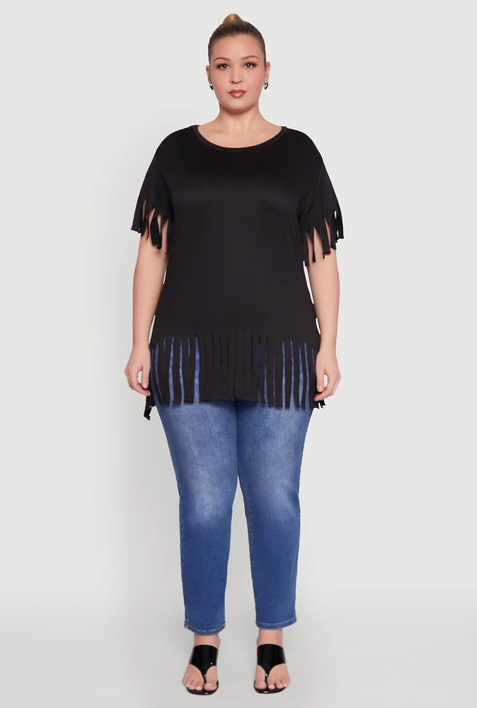 Womens Plus Size Fringe Sleeve Hem Tee, Black, Size 4X