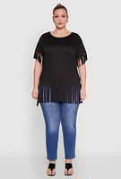 Womens Plus Size Fringe Sleeve Hem Tee, Black, Size 4X