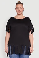 Womens Plus Size Fringe Sleeve Hem Tee, Black, Size 4X