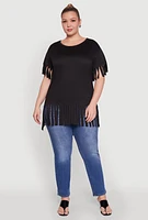 Womens Plus Size Fringe Sleeve Hem Tee, Black, Size 4X