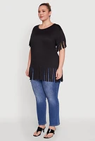 Womens Plus Size Fringe Sleeve Hem Tee, Black, Size 4X