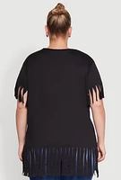 Womens Plus Size Fringe Sleeve Hem Tee, Black, Size 4X