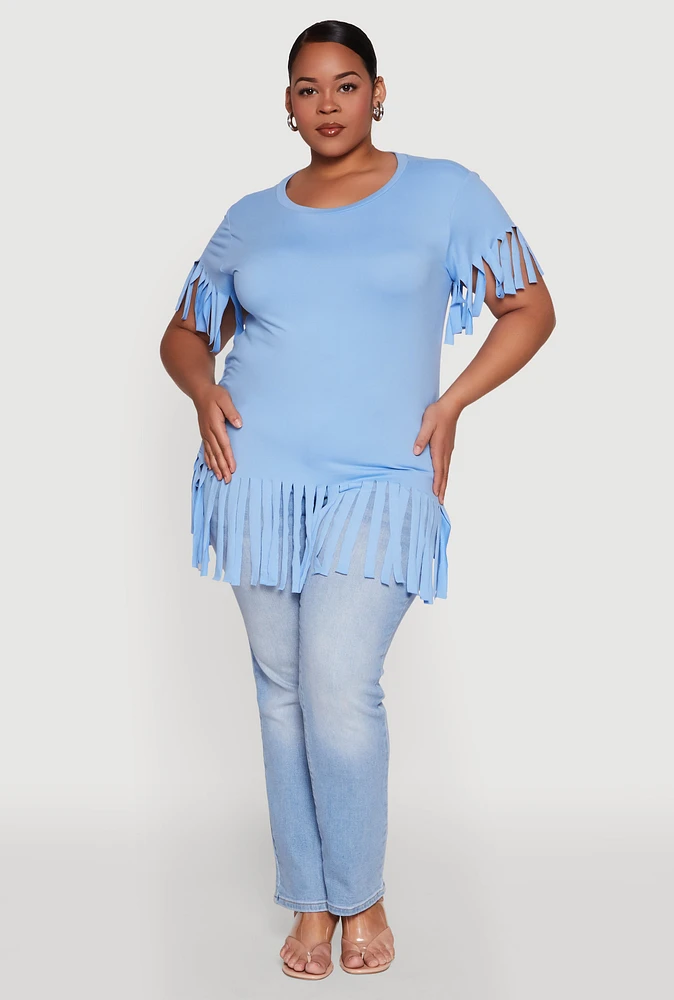 Womens Plus Fringe Sleeve Hem Tee, Blue,