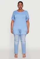 Womens Plus Fringe Sleeve Hem Tee, Blue,