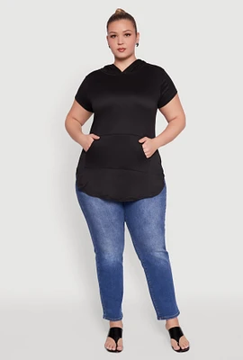 Womens Plus Kangaroo Pocket Side Slit Hooded Tee,