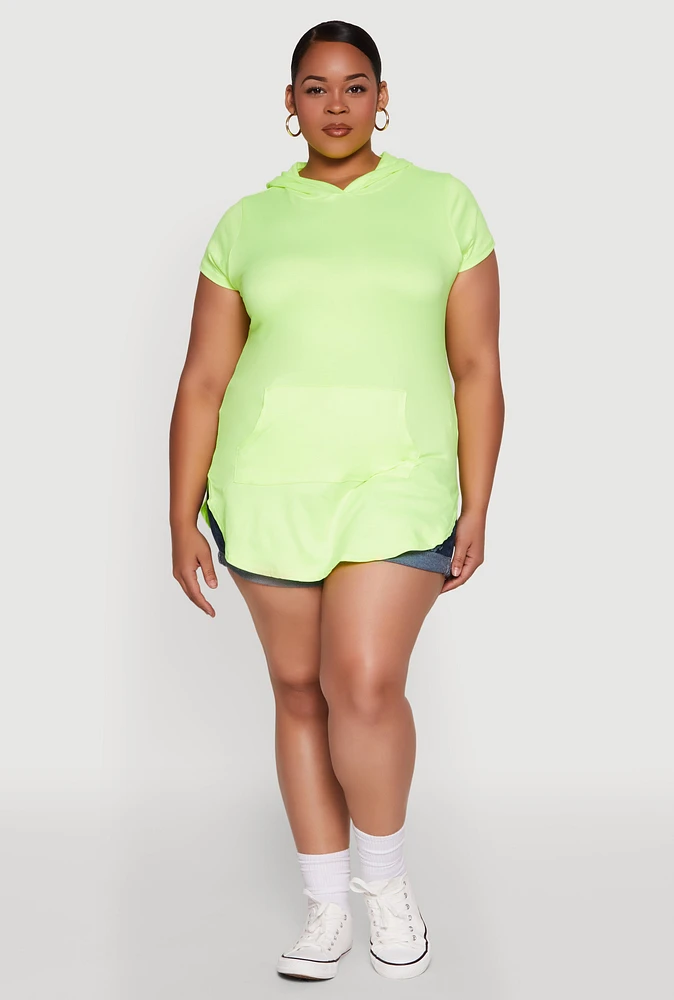 Womens Plus Size Kangaroo Pocket Side Slit Hooded Tee, Green, Size 1X