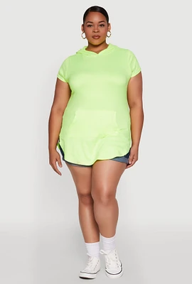 Womens Plus Size Kangaroo Pocket Side Slit Hooded Tee, Green, Size 1X