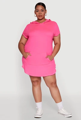 Womens Plus Size Kangaroo Pocket Side Slit Hooded Tee, Pink, Size 2X