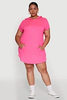 Womens Plus Size Kangaroo Pocket Side Slit Hooded Tee, Pink, Size 2X