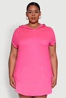 Womens Plus Size Kangaroo Pocket Side Slit Hooded Tee, Pink, Size 2X