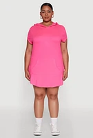 Womens Plus Size Kangaroo Pocket Side Slit Hooded Tee, Pink, Size 2X