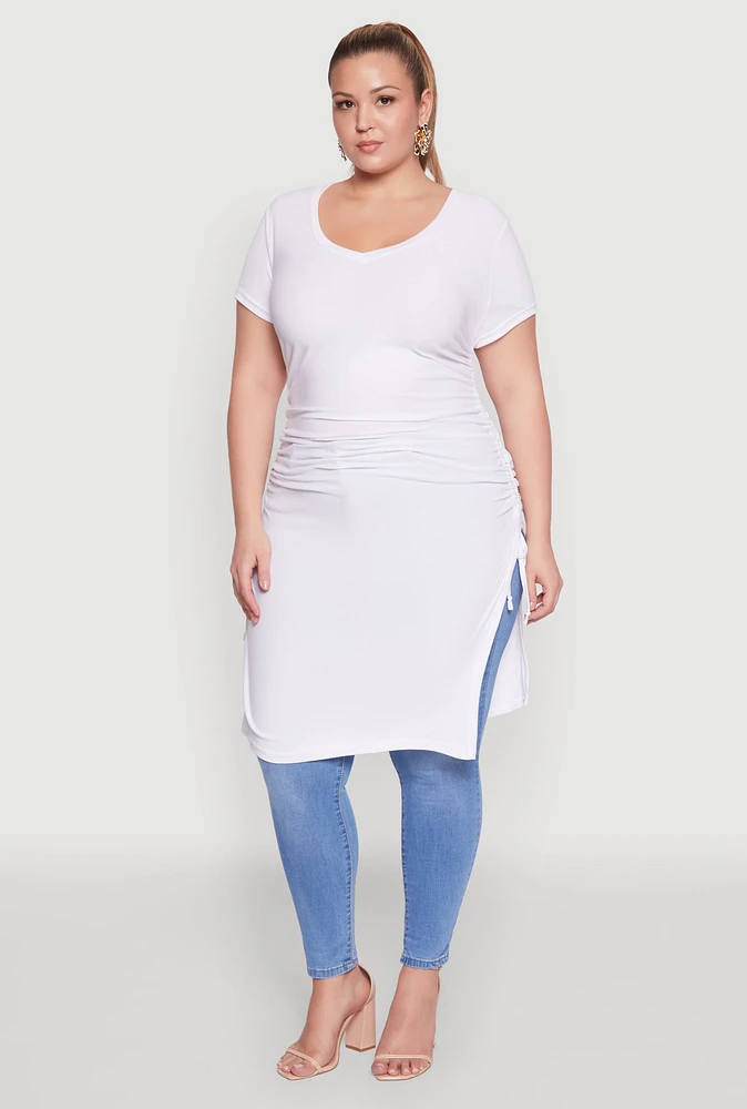 Womens Plus Size Ruched Side Slit Maxi Top, White, Size 1X