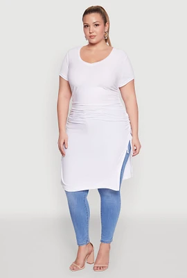 Womens Plus Size Ruched Side Slit Maxi Top, White, Size 1X