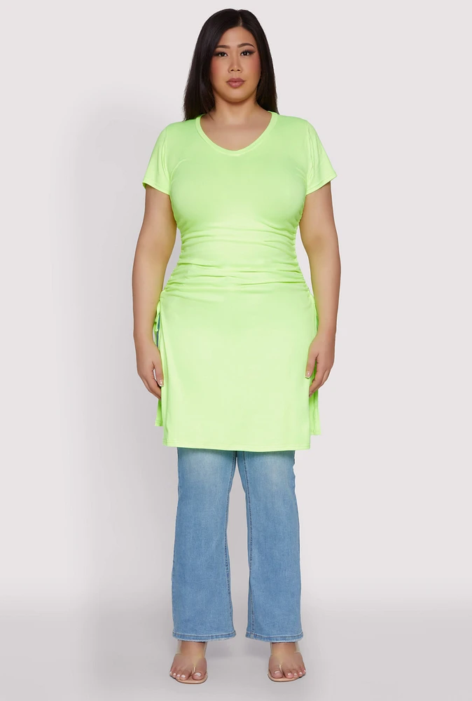 Womens Plus Size Ruched Side Slit Maxi Top, Green, Size 1X