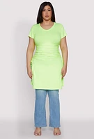 Womens Plus Size Ruched Side Slit Maxi Top, Green, Size 1X