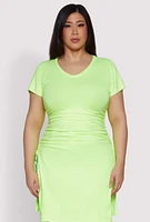 Womens Plus Size Ruched Side Slit Maxi Top, Green, Size 1X
