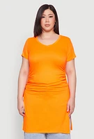 Womens Plus Size Ruched Side Slit Maxi Top, Orange, Size 1X