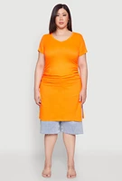 Womens Plus Size Ruched Side Slit Maxi Top, Orange, Size 1X