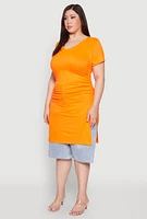 Womens Plus Size Ruched Side Slit Maxi Top, Orange, Size 1X