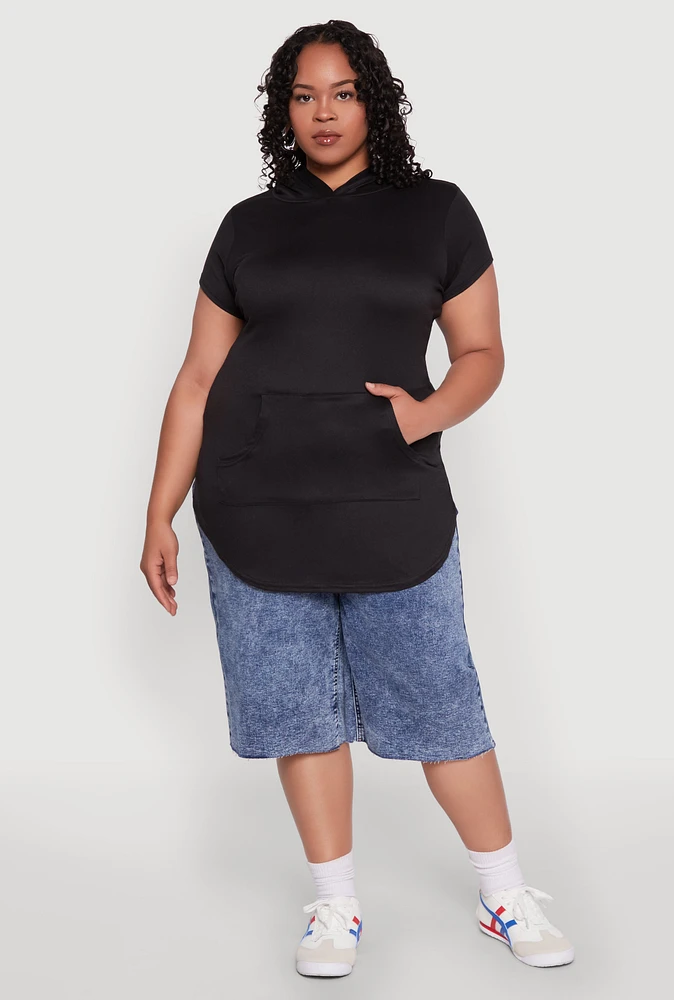 Womens Plus Kangaroo Pocket Tunic Hooded Top, Black,