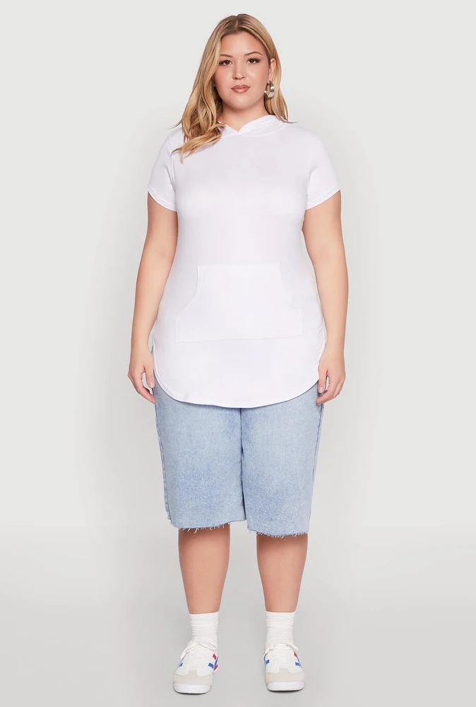 Womens Plus Size Kangaroo Pocket Tunic Hooded Top, White, Size 3X