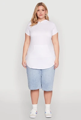 Womens Plus Size Kangaroo Pocket Tunic Hooded Top, White, Size 3X
