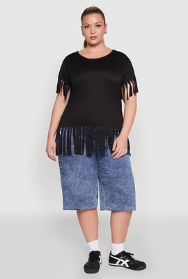 Womens Plus Size Fringe Sleeve Tee, Black, Size 1X