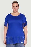 Womens Plus Size Fringe Sleeve Tee, Blue, Size 1X