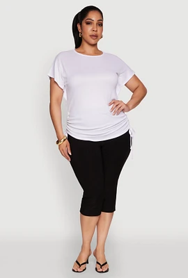 Womens Plus Size Drawstring Side Flutter Sleeve Top, White, Size 1X