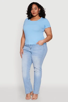 Womens Plus Size Ribbed Lace Detail Lettuce Edge Top, Blue, Size 2X