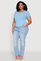 Womens Plus Size Ribbed Lace Detail Lettuce Edge Top, Blue, Size 2X