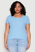 Womens Plus Size Ribbed Lace Detail Lettuce Edge Top, Blue, Size 2X