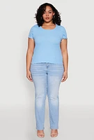 Womens Plus Size Ribbed Lace Detail Lettuce Edge Top, Blue, Size 2X