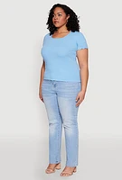 Womens Plus Size Ribbed Lace Detail Lettuce Edge Top, Blue, Size 2X
