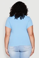 Womens Plus Size Ribbed Lace Detail Lettuce Edge Top, Blue, Size 2X