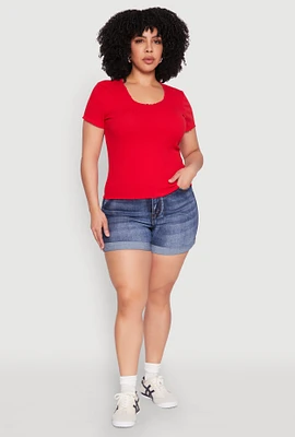 Womens Plus Size Ribbed Lace Detail Lettuce Edge Top, Red, Size 3X
