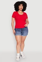 Womens Plus Size Ribbed Lace Detail Lettuce Edge Top, Red, Size 3X