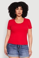 Womens Plus Size Ribbed Lace Detail Lettuce Edge Top, Red, Size 3X