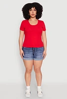 Womens Plus Size Ribbed Lace Detail Lettuce Edge Top, Red, Size 3X