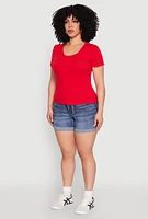 Womens Plus Size Ribbed Lace Detail Lettuce Edge Top, Red, Size 3X