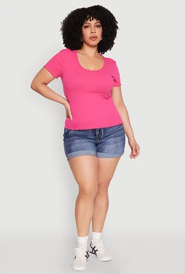 Womens Plus Size Ribbed Lace Detail Lettuce Edge Top, Pink, Size 3X