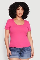 Womens Plus Size Ribbed Lace Detail Lettuce Edge Top, Pink, Size 3X