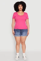 Womens Plus Size Ribbed Lace Detail Lettuce Edge Top, Pink, Size 3X
