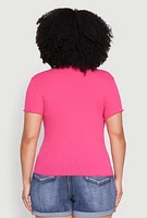 Womens Plus Size Ribbed Lace Detail Lettuce Edge Top, Pink, Size 3X