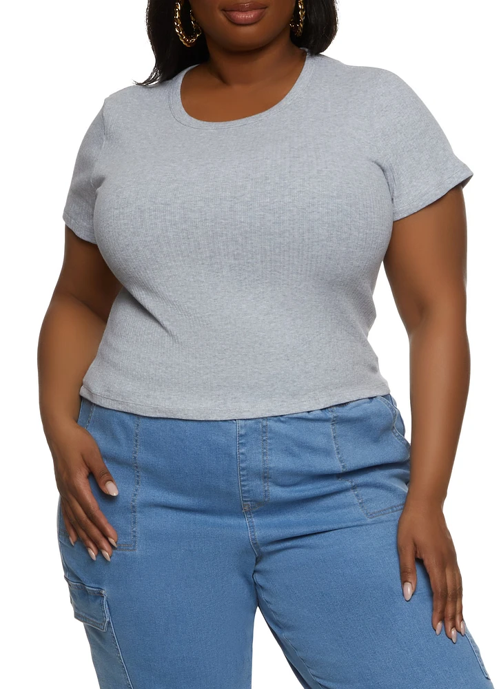 Womens Plus Size Basic Ribbed Knit Short Sleeve Top, Grey, Size 1X