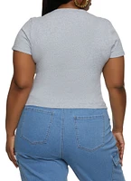 Womens Plus Size Basic Ribbed Knit Short Sleeve Top, Grey, Size 1X